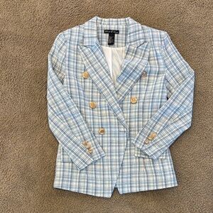 Light Blue Checkered Double-Breasted Blazer